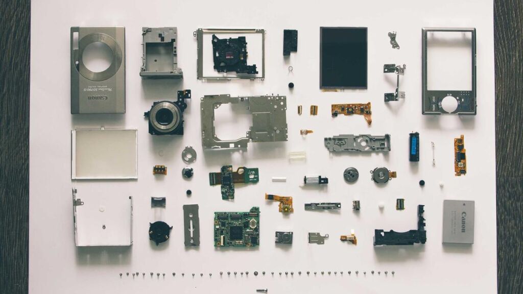 Electronic components laid out on a table